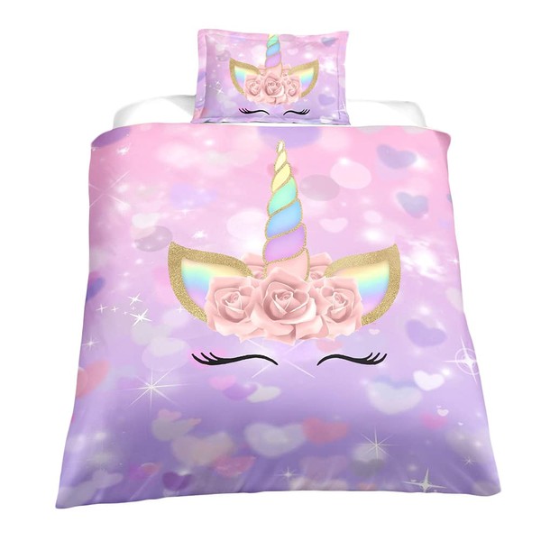 ADASMILE A & S Unicorn Bedding Twin for Girls Kids Bedding Set for Girls Pink Purple Floral Heart Printed Bed Set Unicorn Duvet Cover Unicorn Bedroom Decor for Girls with 1 Pillow Sham(No Comforter)
