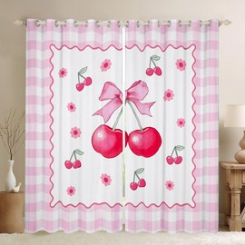 Sweet Cherry 2 Panels,52X63 Inch Window Curtains 2 Panel Sets 52 X 90 Inch,Coquette Bow Blackout Curtains Light Pink And White Window Treatments Drapes for Bedroom for Modern Cute Room Decor
