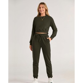 BTFBM Women 2 Piece Outfits Long Sleeve Crop Top Pullover Drawstring Pant Jogger Set Casual Sweatsuits Tracksuit Pockets(Army Green, Medium)