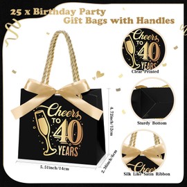 Clysee 25 Pcs 40th Birthday Party Favors 40th Birthday Gift Bags with Handles Black and Gold Small Gift Bags for Birthday Anniversary Supplies Decorations Goodie Candy Bags for Wedding Party Supplies