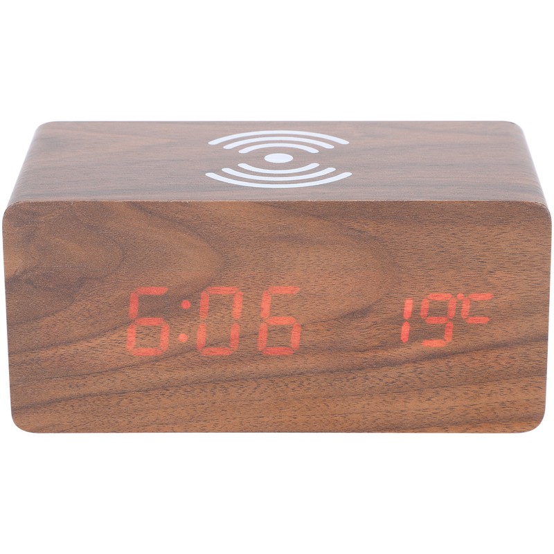 Wireless Charging Clock Digital LED Electronic Alarm Rectangular Wooden Bedside