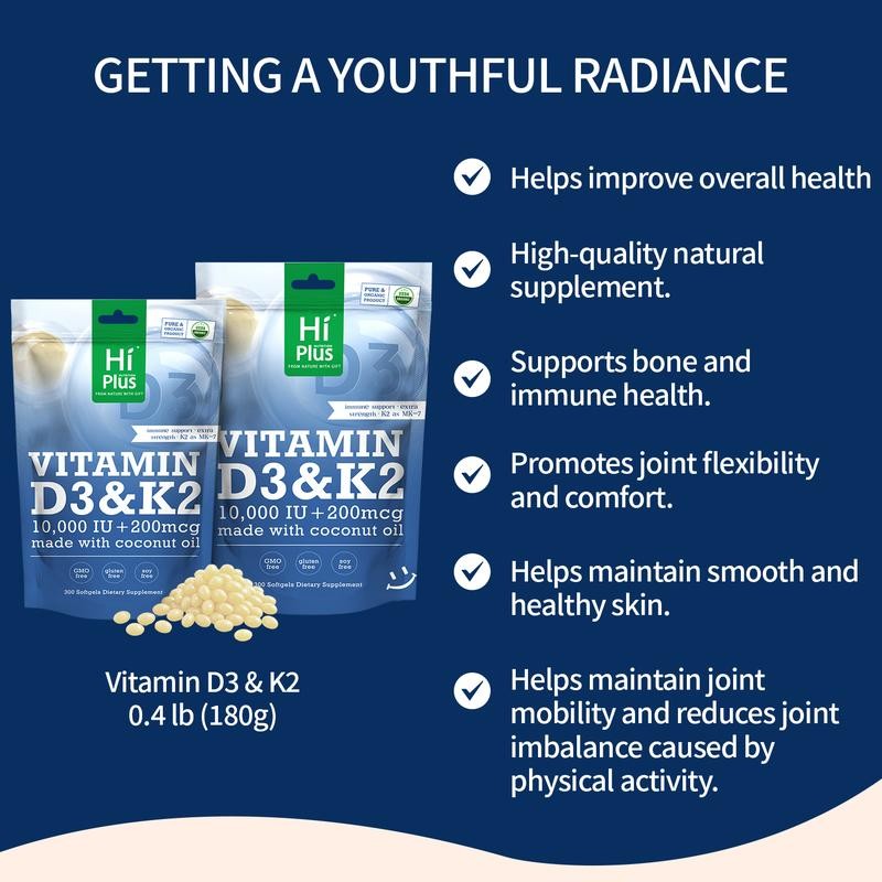 HiPlus Vitamin D3 & K2 Softgels | 10,000 IU D3