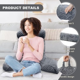 Shuyeon Reading Pillow for Bed, Large Bed Rest Pillow with Arms and Detachable Neck Roll - Ultra-Comfy Removable Microplush Cover Bed Chair Pillow, Bed Rest Pillow with Pockets for Sitting Up in Bed