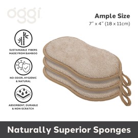 OGGI Bambou Odor-Free Kitchen Sponges - Natural Kitchen Sponges for Dishes, 91% Bamboo-Derived Rayon Cellulose Fiber, Reusable, Absorbent, Hygienic, Durable, Non-Scratch, Washable - 3 pcs, 7x4