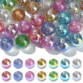 Ipotkitt 35 pcs 7 Colors UV Plating Iridescent Round Resin Beads with Glitter Powder Ball Shape Loose Beads for DIY Crafts Jewelry Bracelet Necklace Earrings Keychains Supplies