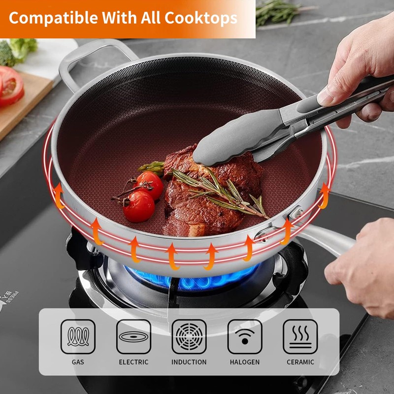 DELARLO Tri-Ply Stainless Steel 12 Inch Deep Frying Pan with
