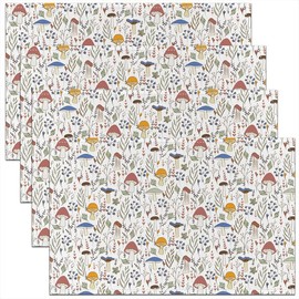 Juego de 4 manteles individuales de mesa de hongos de dibujos animados, hongos kawaii, tela lavable, hojas botánicas, manteles individuales blancos para mesa de comedor, 18 x 12 pulgadas