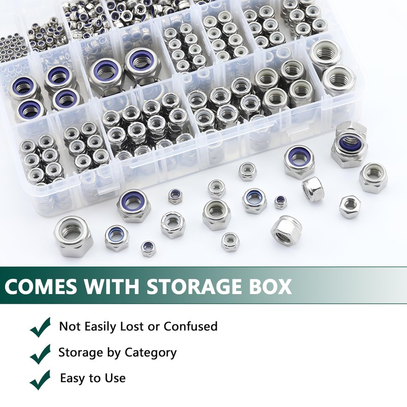 750PCS SAE & Metric Nylon Insert Lock Nuts Kit, 304
