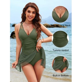 Blooming Jelly Women One Piece Swimsuit Tummy Control Slimming Bathing Suits V Neck Mesh Tie Back Swim Dress Army Green