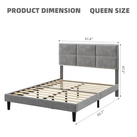 GAOMON Queen Bed Frame Upholstered Platform, Bed Frame with Square Velvet Headboard, Wooden Slats Support, No Box Spring Needed, Non-Slip and Noise-Free, Easy Assembly, Light Gray