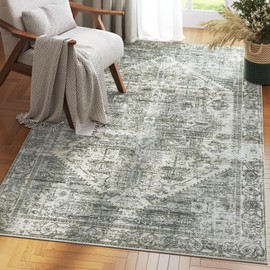 TECHMILLY 3x5 Washable Area Rug, Boho Rugs for Living Room, Soft Indoor Rug with Non Slip Backing, Stain Resistant Vintage Accent Rugs for Bedroom, Low Pile Durable Rugs for Dining Room