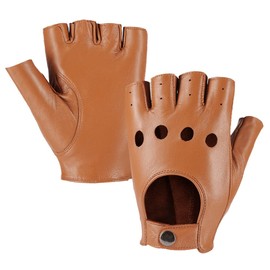 MGGMOKAY Fingerless Men's Half Finger Leather Drivers Gloves, Camel, XL