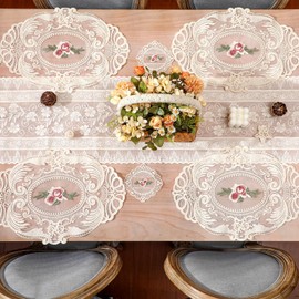 Windkream 9 Pcs Valentine's Day Beige Lace Table Runner and Lace Placemats and Lace Coasters Vintage Rustic Boho Cloth Lace Doilies Place Mats for Glass Table Wedding Bridal Shower Party Decor