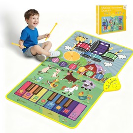 Musical Farm Animals Sounds Piano Mat for Kids, Sensory Educational Learning Toy with Drumset for Toddlers, Interactive Floor Touch Play Mat Dancing Keyboard Carpet for 1-5 Year Old Boy Girl Gifts