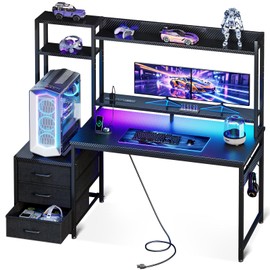 Casaottima 48 Inch Gaming Desk with Hutch, 3 Fabric Drawers, Monitor Stand, USB Ports & LED Lights, Reversible Design Computer Desk for Home Office, Black