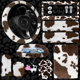 JINGSEN 11-Piece Fluffy Car Accessories Set, Fluffy Cow Print Plush Steering Wheel Covers, Soft Fleece Handbrake & Shift Cover Set, Warm Non-Slip Car Trim Decoration (Brown)