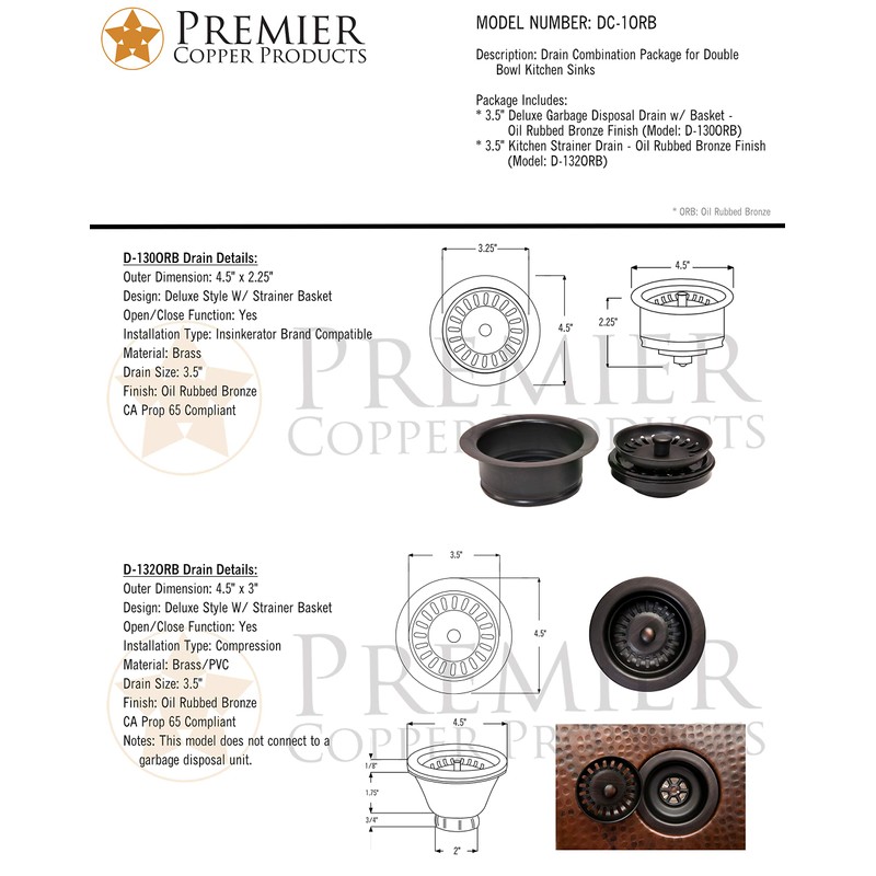 Premier Copper Products DC-1ORB Drain Combination Package for Double Bowl