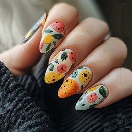 ONPRESS 24 Uñas Postizas De Grafiti, De Longitud Media, Almendradas, Con Diseño De Patrón De Colores, Adhesivas, En Naranja Y Azul Claro, Reutilizables, Brillantes, De Cobertura Completa, Para Manicur