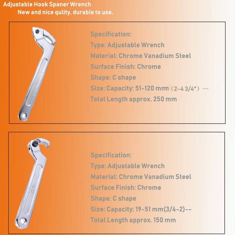 Wadoy Adjustable C Spanner Hook Wrench Chrome Vanadium 3/4-2"(19-51Mm)+2-4 3/4"(51-121Mm)