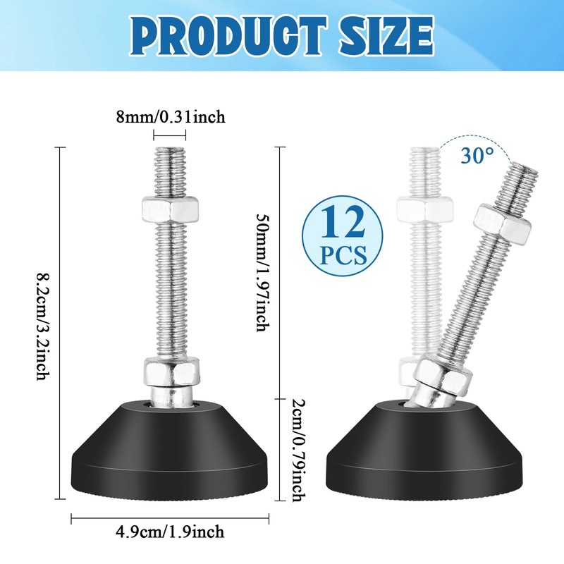 Supkiir 12PCS M8 Adjustable Leveling Feet, Heavy Duty Anti-Slip Furniture