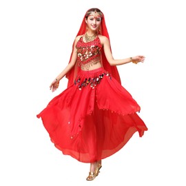 ORIDOOR Women Belly Dance Dress Set Crop Top Padded Bra Top Sparkling Belly Dance Chiffon Skirts with Coins 5-Piece Outfit 02 Red …