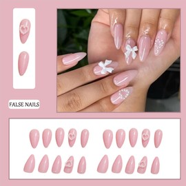 French Tip False Nails - 24Pcs Pink Press on Nails with Bow Heart Designs - Glossy Almond Fake Nails with Glue - Reusable Acrylic Stick On nails for Nail Art DIY