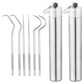 8 Piece Stainless Steel Toothpick Set, Scraper Portable Toothpick with Key Ring, Metal Titanium Pocket Toothpick for Outdoor Picnic and Camping