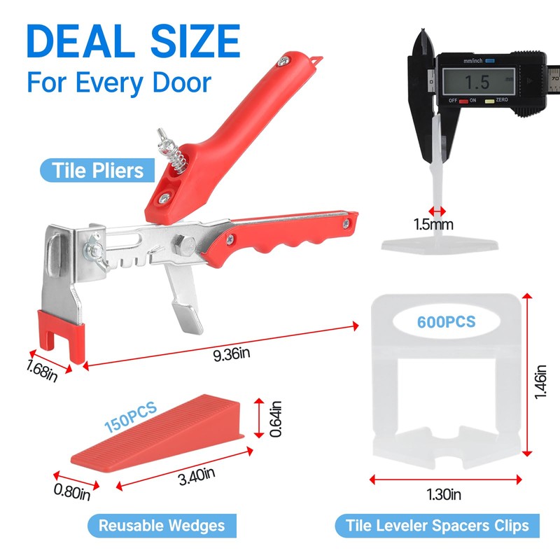 Tile Leveling System Kit, 600pcs Tile Leveler Spacers Clips+150pcs Reusable