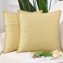 MADIZZ Set of 2 Flanged Linen Throw Pillow Covers 16x16 Inch Light Yellow Soft Decorative Cushion Cover for Sofa Bedroom Pillow Shell