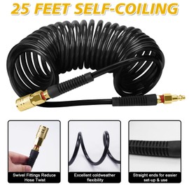 BOTSROOM Air Compressor Hose 1/4 in x 25 ft PU Air Hose Kit with 1/4" Industrial Air Fittings and Bend Restrictors, Working Pressure of 300 PSI, Black