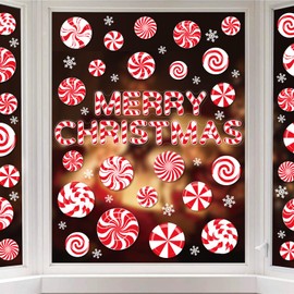 AnyDesign 9 Sheets Christmas Window Clings Xmas Red White Candy Lollipop Peppermint Window Decals Double-Sided Winter Holiday Window Decor