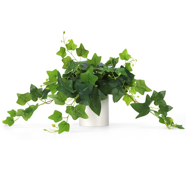 Faux Potted Plant - Fake Pothos Decorative Plants with White Ceramic Pot for Desk Shelf Bathroom Living Room Decor - Fake Plant for Home Office Decor Indoor Outdoor