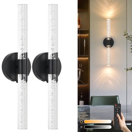 Battery Operated Wall Sconces Set of 2, Black 20'' Rechargeable Crystal Bubble Wall Sconce with Remote Control, 3000K-6000K Dimmable LED Wireless Wall Lights for Living Room Bedroom Bathroom Hallway