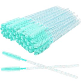 Juego de 100 brochas desechables de silicona suave con mango de purpurina para pestañas, aplicador de brochas de maquillaje (azul y verde menta)