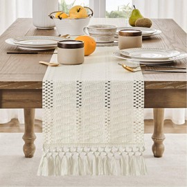 ZeeMart Macrame Style Boho Table Runner, Ivory Table Runners 48 Inches Long, Farmhouse Woven Home Decor, 12x48 Inch, Ivory