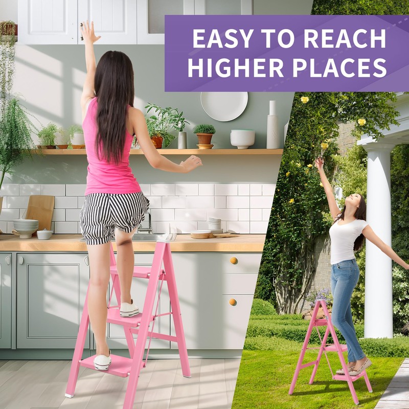 GameGem Pink 2 Step Ladder, Small Kitchen Step Stool for