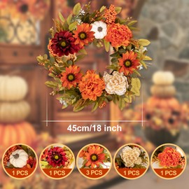Benjia Fall Wreaths Front Door Decor, Sunflower Autumn Pumpkin Harvest Thanksgiving Wreath Reef Outside Outdoor Indoor Farmhouse Home Door Decorations 18 inch /45cm