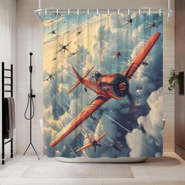 Plane Airplane Shower Curtain Vintage Airliner Through Clouds Airport Aviation Themed Classic Aircraft Flying Men Boys Shower Curtains Set for Bathroom Polyester Fabric with Hooks (70"W x 70"L)