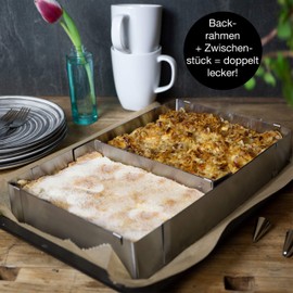 Moritz & Moritz Rectangular Baking Frame Adjustable 5 cm High - Baking Ring Square Infinitely Adjustable from 27 x 18 to 51 x 33 cm - Rectangular Baking Mould for Baking - With 10 Piping Bags and 3