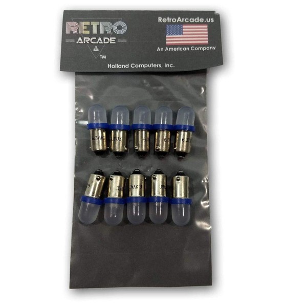 RetroArcade.us 10 Pack Blue Frosted Pinball 6.3 Volt AC LED Round Replacement Bulbs 44/47 Bayonet Base BA9S