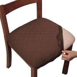 Gute Chair Seat Covers, Dining Room Chair Seat Covers with Ties, Stretch Jacquard Chair Covers Protectors for Dining Room Kitchen Chairs - Set of 4, Rhombic, Coffee