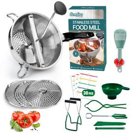 Food Mill Stainless Steel With 3 Grinding Discs and Complete Canning Supplies Starter Kit of 8-Includes Tongs, Jar Lifter, Wrench, Lid Lifter, measurer,Funnel,Labels,Multifunctional Spoon(DM-BL-GR)