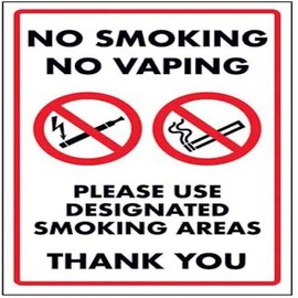 V Safety No Smoking No Vaping/Please Use Designated Smoking Area Sign - 200mm x 300mm - Rigid Plastic