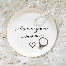 Mom Gifts, I love you Mom Jewelry Ring Dish & Natural Stone Bracelet for Women, Mothers Day Gift from Daughter, Mother's Birthday Gift from Son, Ring Holder and Bracelet Gifts Set for Mommy