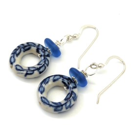 Beachy Sea Blue Sea Glass and Floral Porcelain Earrings on Sterling Sliver Hooks Handmade by Aimee Tresor