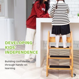 StrongTek Wooden Toddler Step Stool Kitchen Helper - 28" High, 300 lbs Capacity, with Wheels and Handles - Ideal Bathroom and Kitchen Step Stool for Kids - Toddler Stool for Kitchen Counter Use