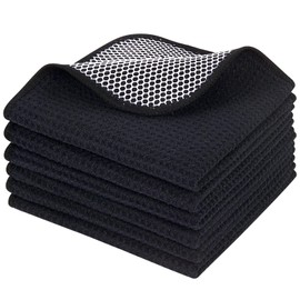 KinHwa Microfiber Dish Cloths for Washing Up Drying Towels Waffle Kitchen Cleaning Cloths with Poly Scour Side 12 Inch X 12 Inch 6pack Black