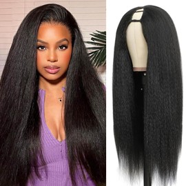 U Part Wigs With Drawstring for Women Kinky Straight Human Hair Wigs 200% Density U Part Human Hair Wigs Can Be Dyed and Bleached(#1B Natural Black, 20 inch)