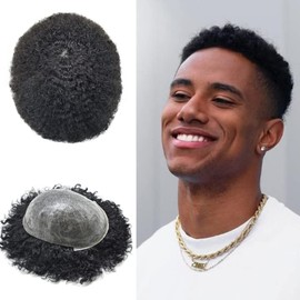 Hair Units For Black Men Brazilian Human Hair Replacement System Afro Coily Toupee For Black Men Hair Piece Injection Skin PU Kinky Curly African American Afro Wigs #1B Off Black Afro Wave 6mm
