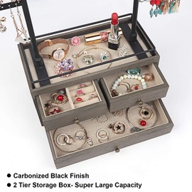 OLAKEE Jewelry Organizer - 2 Layer Wooden Jewelry Drawer Storage Box with 6 Tier Jewelry Tree Stand, Jewelry Display for Necklaces Bracelet Earring Ring Weathered Grey